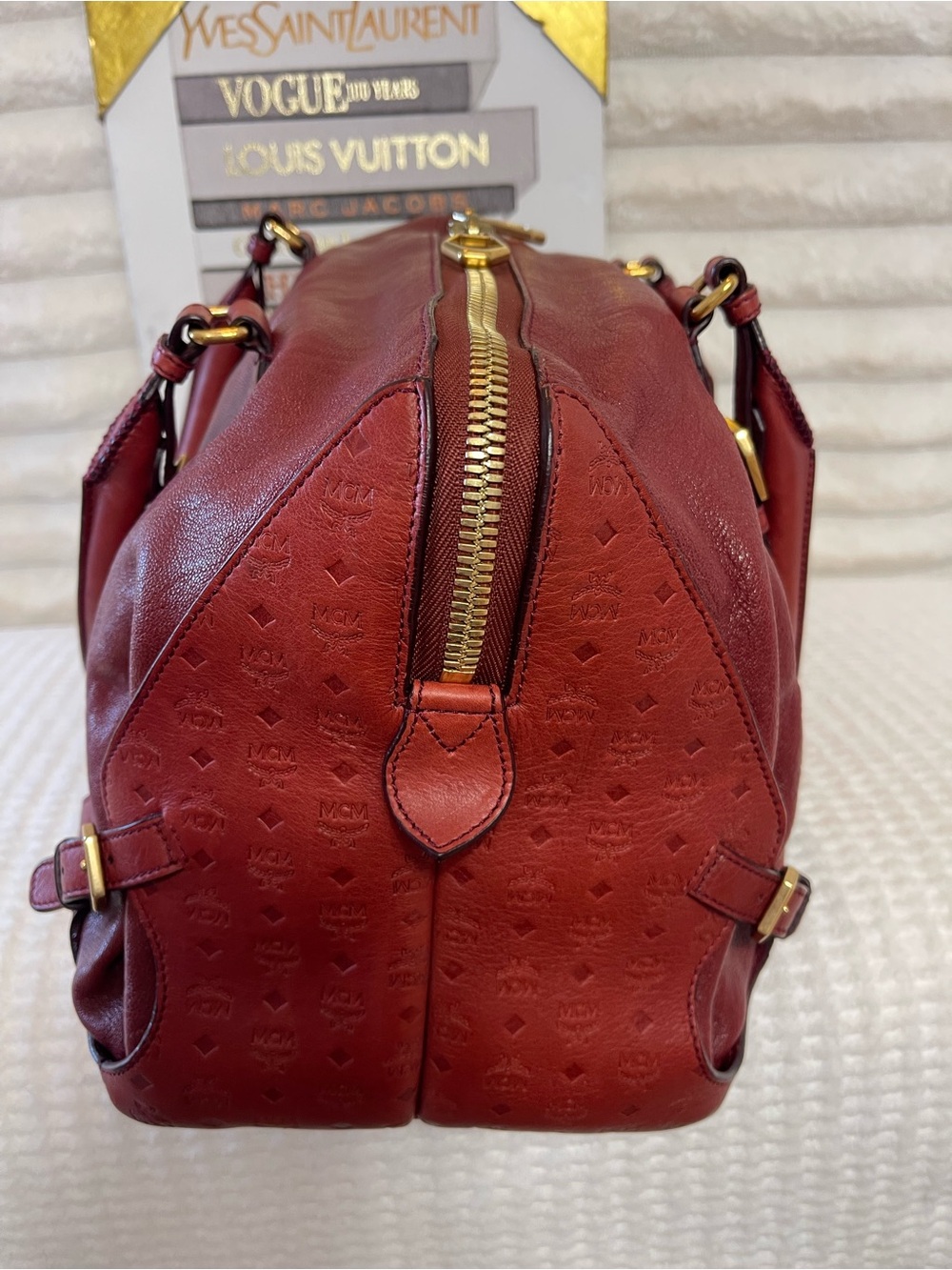 Large MCM Burgundy Leather Satchel with Gold Hardware - Picture 7 of 12